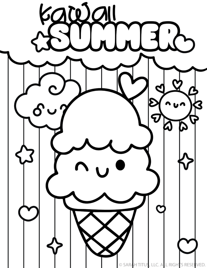 Kawaii summer coloring page with a smiling ice cream cone, happy sun, fluffy cloud, and hanging hearts