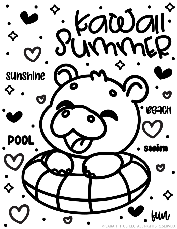 Kawaii summer coloring page with a happy hippo in a swim ring and playful summer words like sunshine, pool, beach, and swim