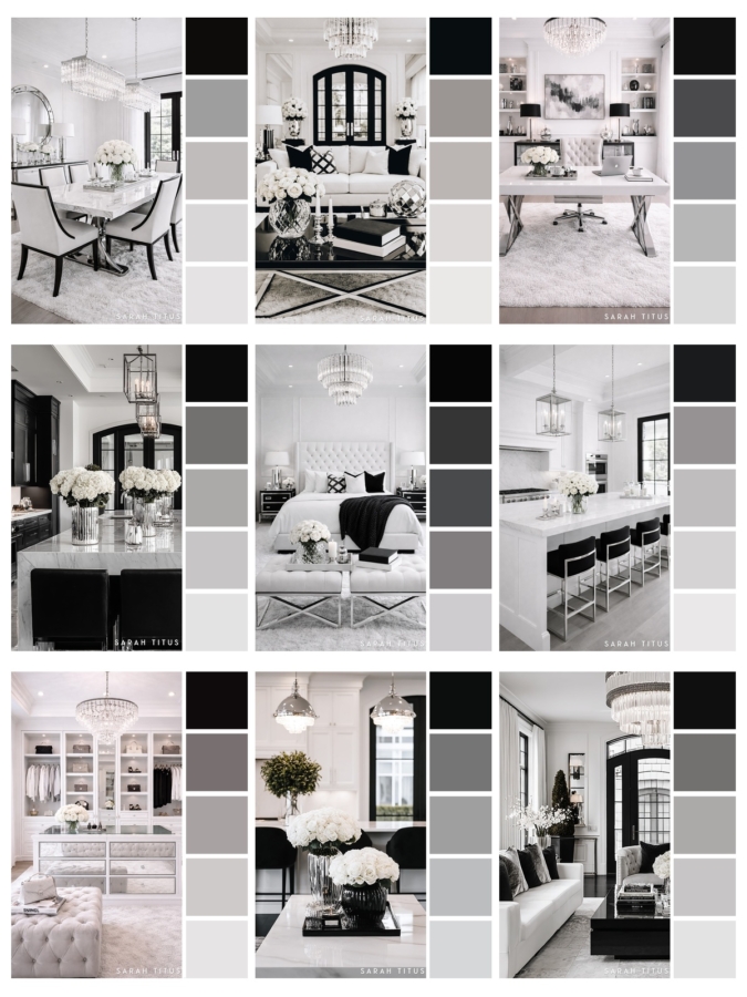 Collage of nine luxury home decor color palettes in black, white, gray, and silver featuring a dining room, living room, home office, two kitchens, a bedroom, and a walk in closet.