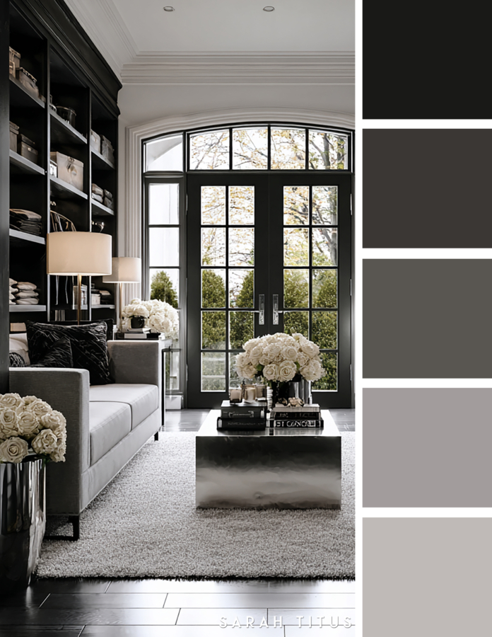 High end walk in closet lounge with black built in shelving, gray sofa, black coffee table, white roses, and arched black framed doors in a luxe neutral color palette.