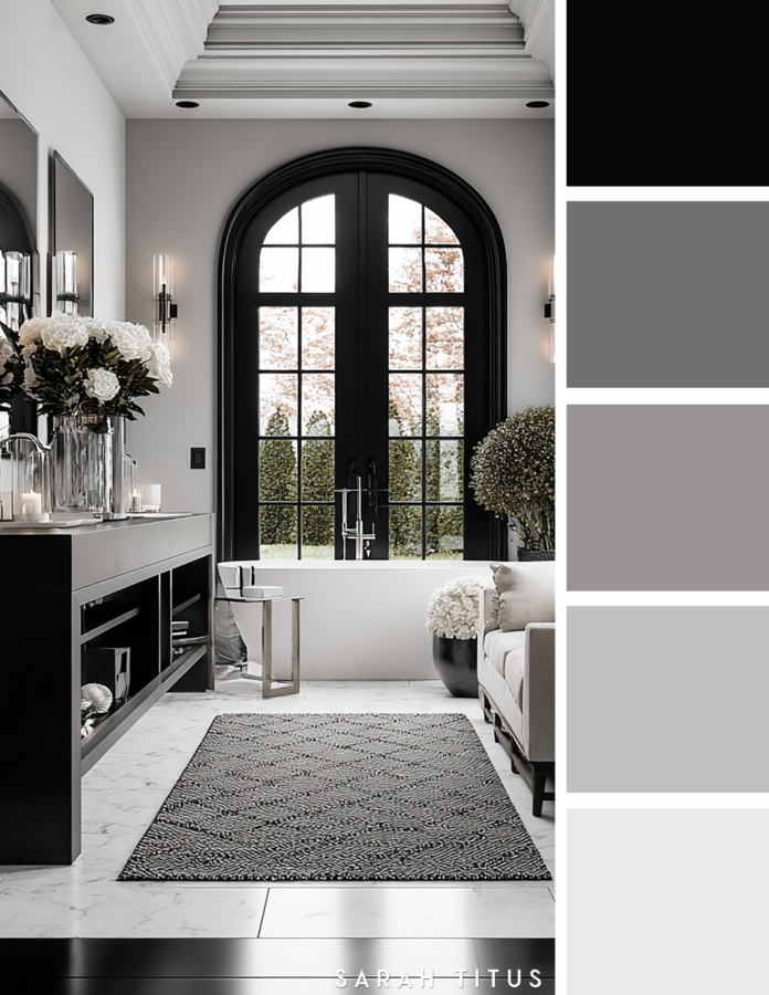 Sophisticated black and white bathroom with a black vanity, arched black window, marble flooring, gray rug, white floral decor, and soft silver accents in a modern neutral palette.