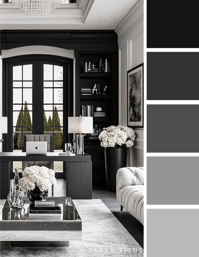 Elegant black and white home office with built in black shelving, a dark desk, white tufted sofa, black arched window, chrome lamp, and white roses in a gray and silver palette.