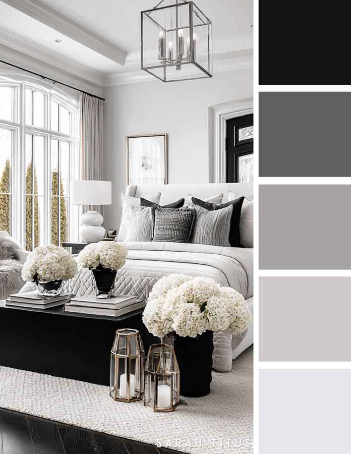 Bright modern bedroom with layered white bedding, black accent pillows, white hydrangeas, a black bench, and soft gray details in a clean neutral color palette.