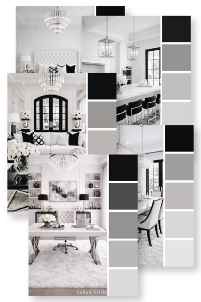 Stacked overlapping cards of modern black, white, and gray home decor color palettes featuring luxury bedroom, kitchen, living room, dining room, and office interiors