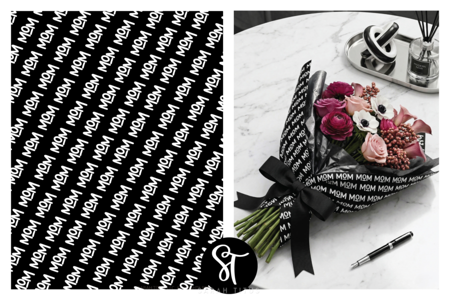 Free printable mom script flower wrapping paper shown beside a bouquet wrapped in matching black mom pattern paper with black tissue paper and a black ribbon.