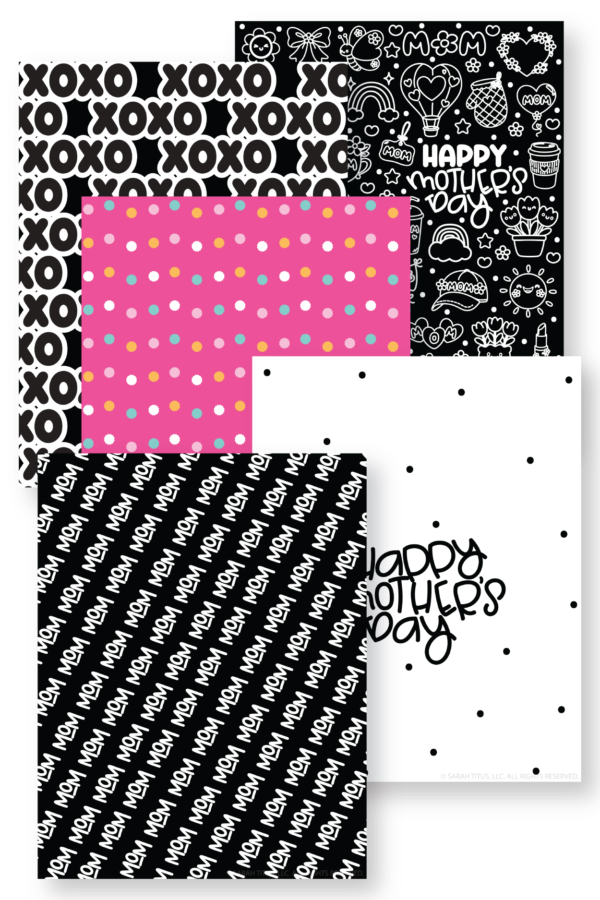 Five printable Mother’s Day flower wrapping paper sheets displayed together, including XOXO, mom script, pink polka dots, happy mother’s day dots, and a black doodle pattern.