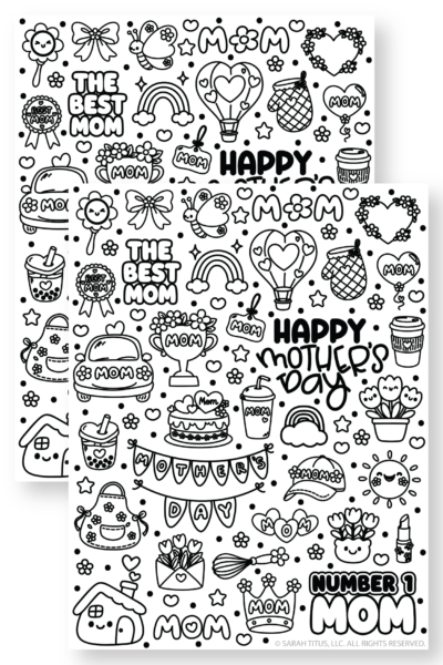 Free printable Mother’s Day colorable stickers for kids with mom icons, flowers, cake, trophy, and Mother’s Day decorations.