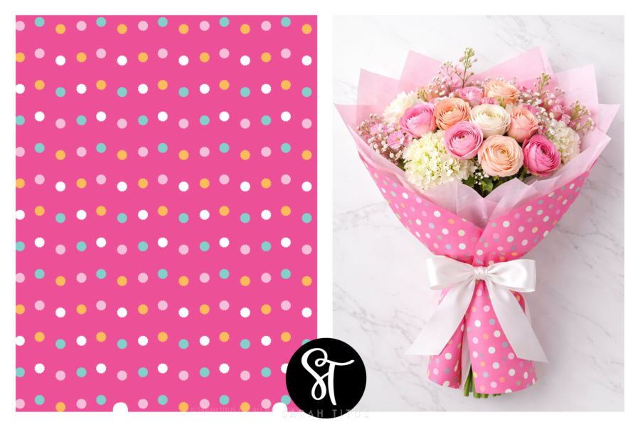 Free printable Mother’s Day confetti dot flower wrapping paper shown beside a pink flower bouquet wrapped in the matching pink bouquet wrap with a white ribbon.