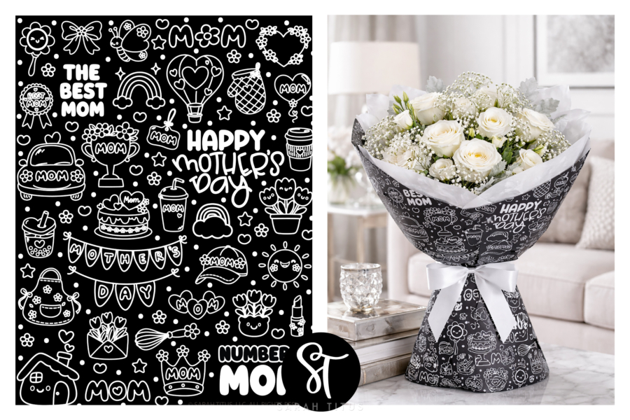 Free printable Mother’s Day doodle flower wrapping paper shown beside a white bouquet wrapped in the matching black and white bouquet wrap with a white ribbon.