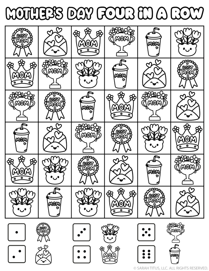 Mother’s Day Four in a Row printable game with cute mom icons, flowers, crowns, and hearts for kids.