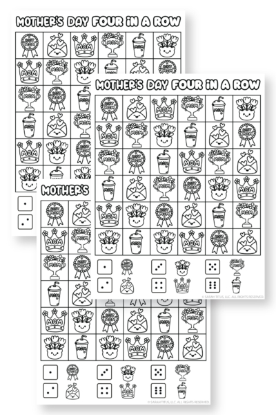 Free printable Mother’s Day Four in a Row game board with mom-themed pieces like trophies, crowns, flowers, and Best Mom badges.