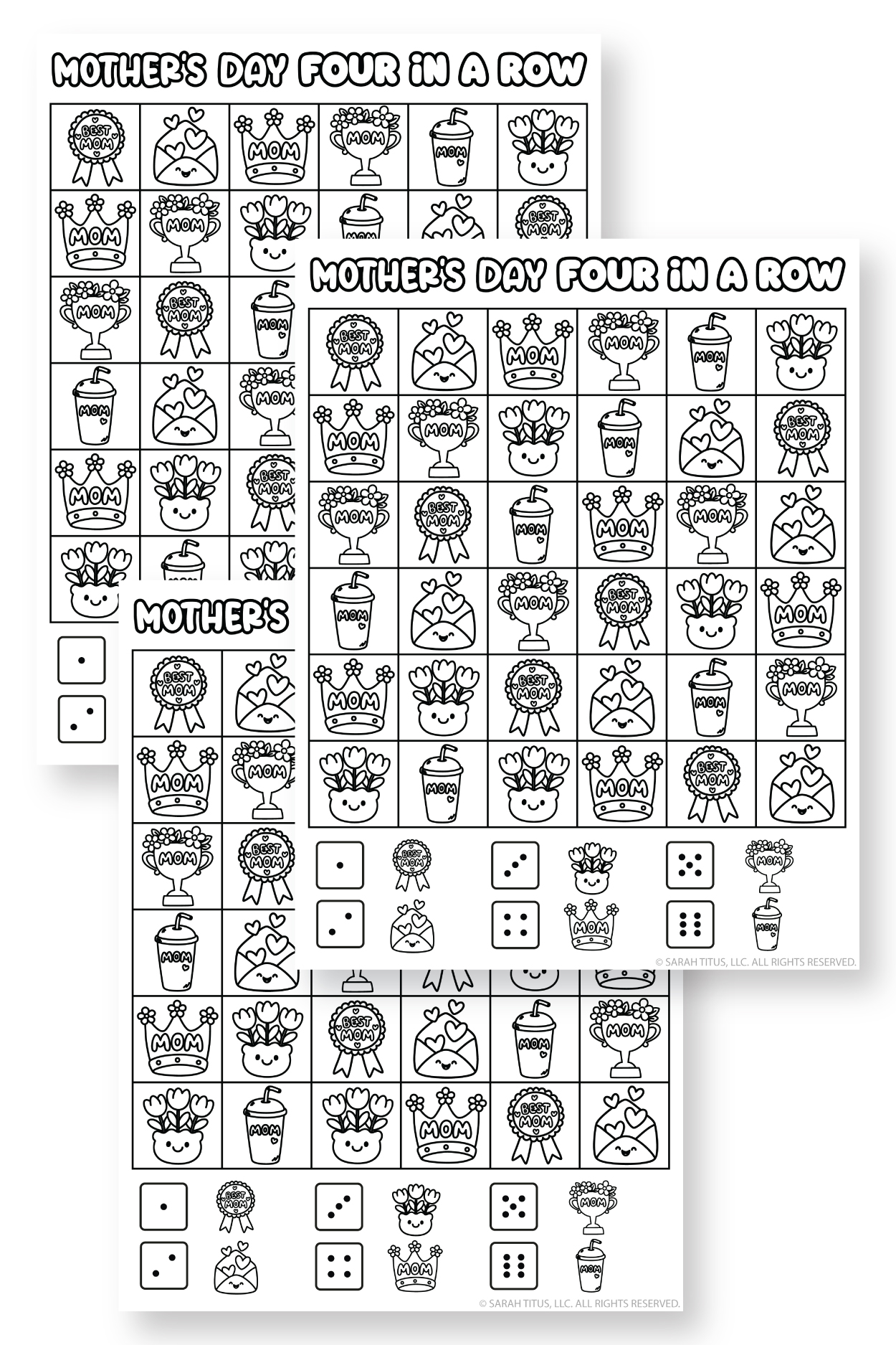 Free printable Mother’s Day Four in a Row game board with mom-themed pieces like trophies, crowns, flowers, and Best Mom badges.