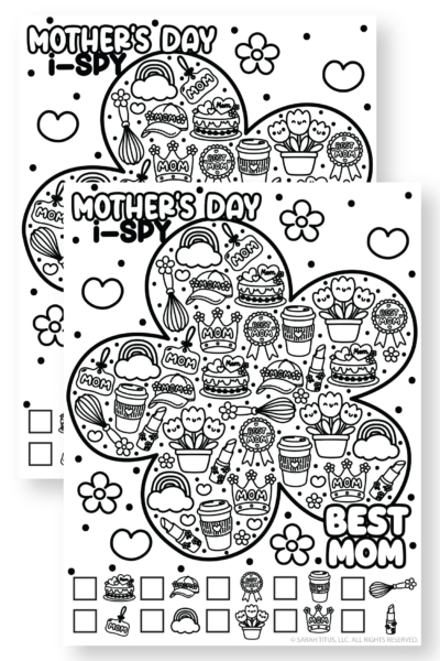 Free printable Mother’s Day I-Spy activity for kids with Best Mom symbols, flowers, hearts, and counting boxes.