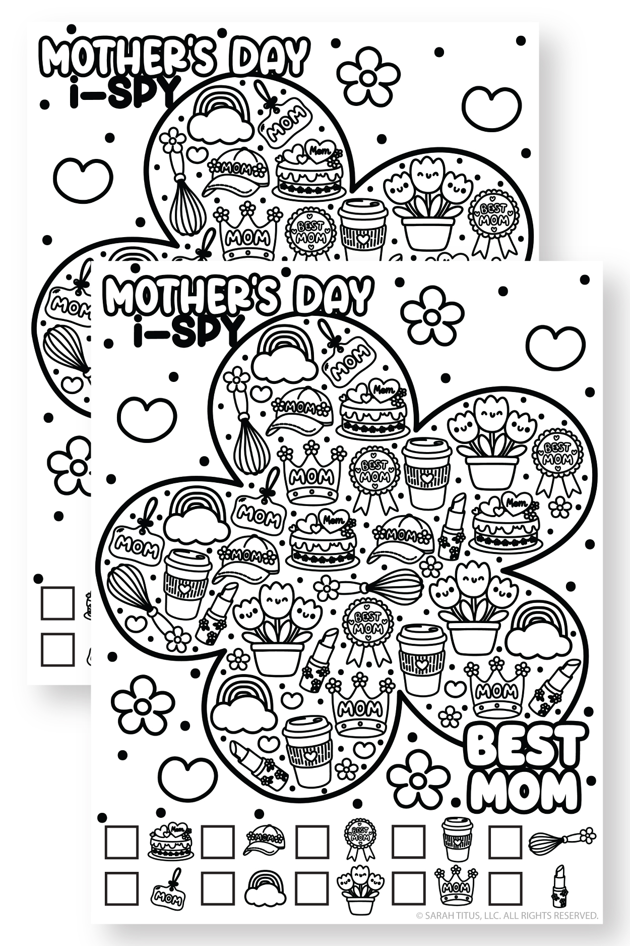 Free printable Mother’s Day I-Spy activity for kids with Best Mom symbols, flowers, hearts, and counting boxes.