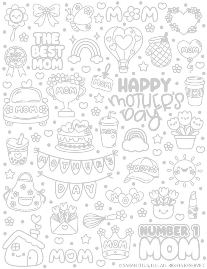 Mother’s Day hand lettering doodles printable with mom words, hearts, flowers, and cute decorative icons for coloring or creative projects.