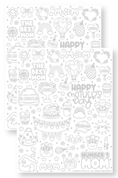 Mother’s Day hand lettering doodle coloring page with “Happy Mother’s Day,” mom-themed icons, flowers, hearts, and decorative lettering elements.