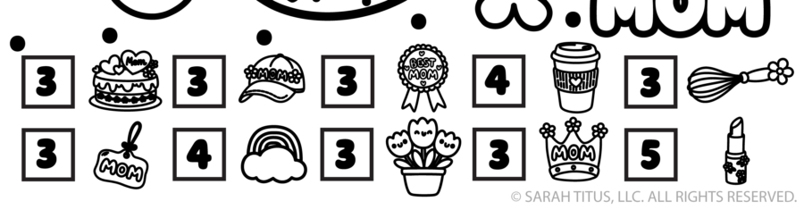 Mother’s Day I-Spy answer key showing the counted totals for each mom-themed item in the printable game.