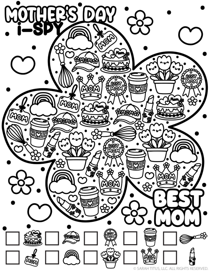 Mother’s Day I-Spy printable game with flowers, crowns, coffee cups, cakes, and cute mom-themed icons.