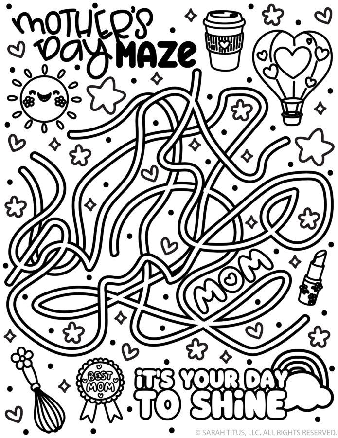 Mother’s Day maze printable for kids with hearts, flowers, and “Mom” path puzzle to solve.