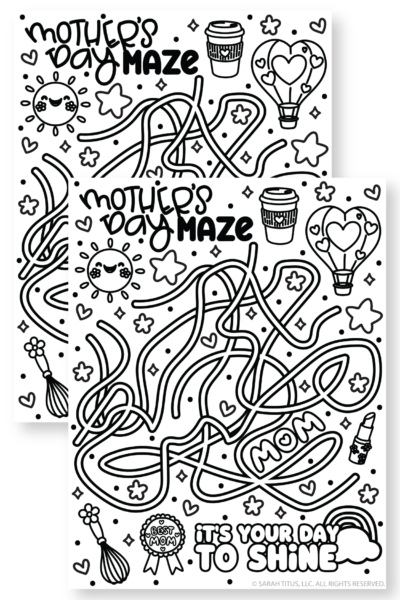 Free printable Mother’s Day maze activity with cute mom-themed doodles and a path leading to Mom.