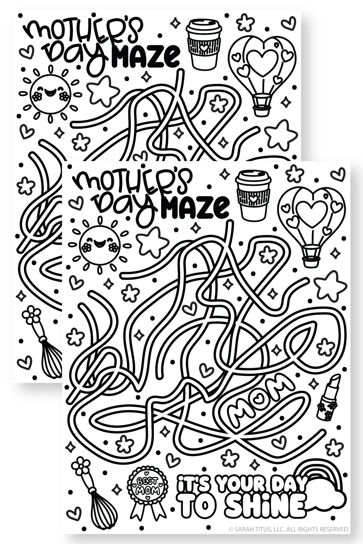 Free printable Mother’s Day maze activity with cute mom-themed doodles and a path leading to Mom.