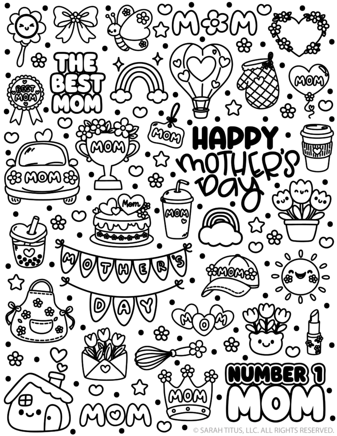 Mother’s Day colorable stickers printable with cute mom-themed doodles, hearts, flowers, and Happy Mother’s Day designs.