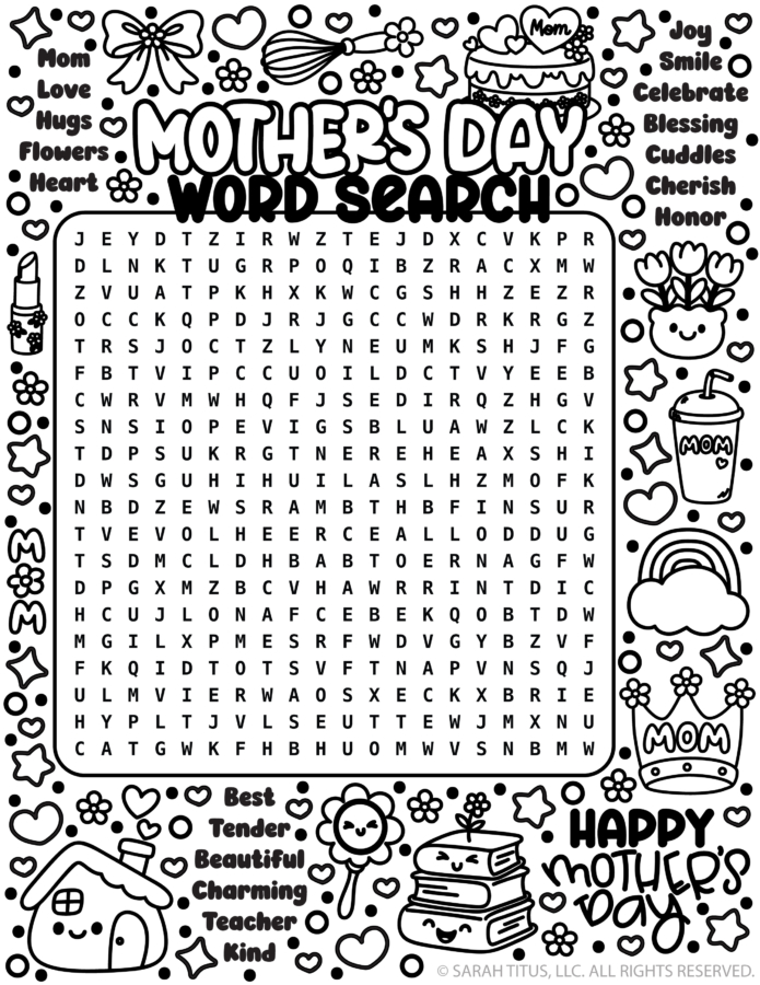 Mother’s Day word search printable with hearts, flowers, and cute mom-themed illustrations.