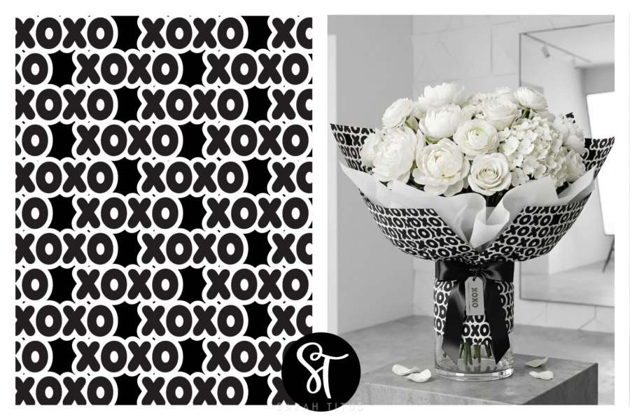 Free printable Mother’s Day XOXO flower wrapping paper shown beside a white flower bouquet wrapped in matching black and white XOXO bouquet paper with tissue paper and a black ribbon.