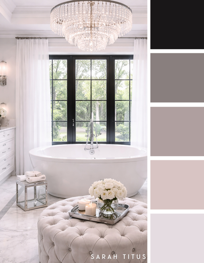 Soft luxury bathroom with a freestanding white tub, crystal chandelier, black framed window, tufted ottoman, white roses, and blush gray accents in a serene neutral color palette.