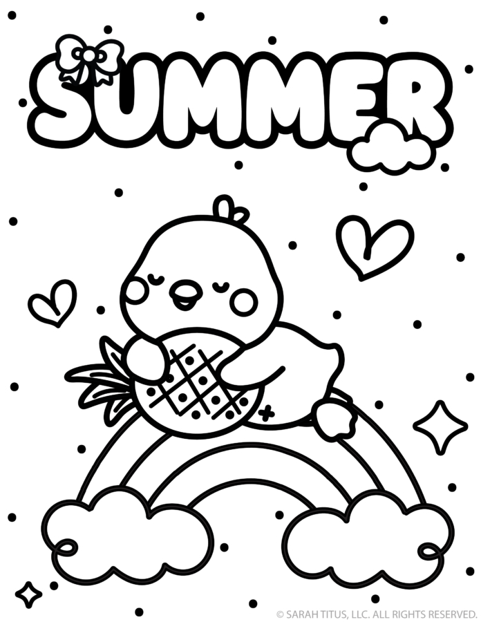 Summer coloring page with a sweet chick hugging a pineapple while resting on a rainbow