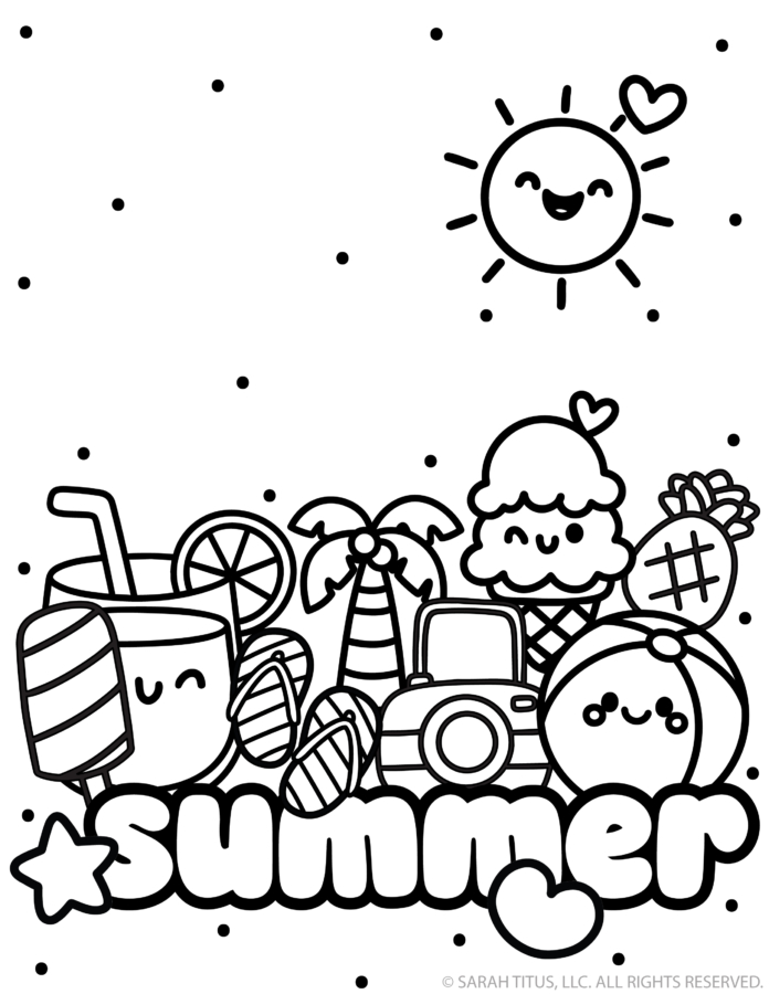 Summer collage coloring page with popsicle, drink, flip flops, palm tree, beach ball, truck, and ice cream doodles