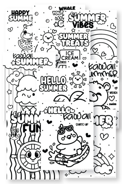 Printable mockup showing a stack of 12 free summer coloring pages with cute kawaii designs including hello summer, summer vibes, summer treats, beachy animals, rainbows, ice cream, and sunshine themes.