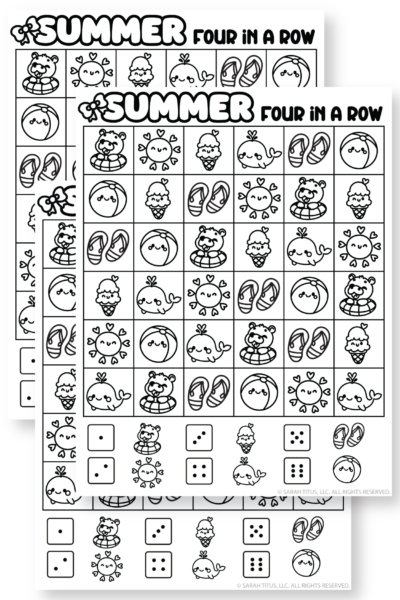 Free colorable kawaii summer connect four tic tac toe style game printable with graphics like ice cream, whale, sun, flip flops, and beach ball.