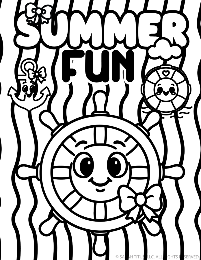 Summer fun coloring page with a smiling ship wheel, anchor, and life preserver on wavy striped background