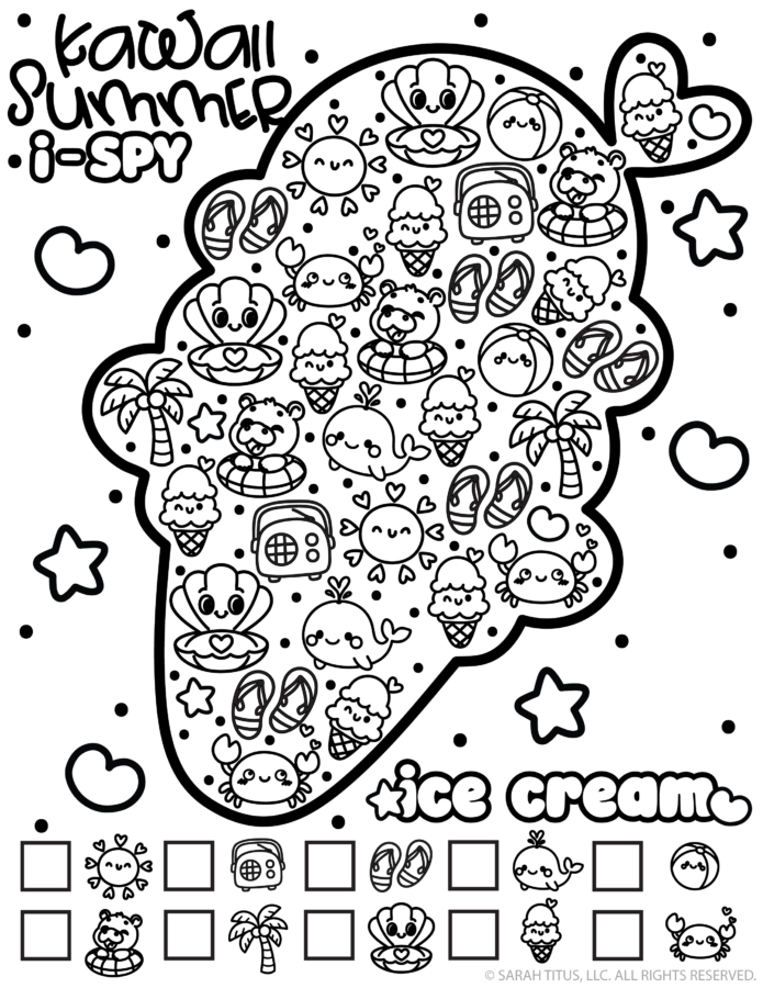 Free printable kawaii summer I Spy ice cream activity for kids featuring cute whales, crabs, suns, flip flops, palm trees, and ice cream cones.
