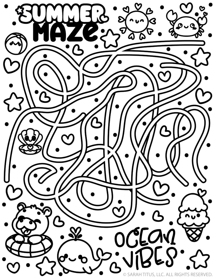 Free printable summer maze activity for kids with cute ocean vibes characters including whale, crab, sun, ice cream, and beach ball.