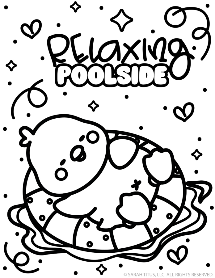 Relaxing poolside chick coloring page with a cute bird floating in a swim ring surrounded by hearts, stars, and splash doodles