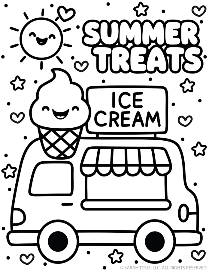 Summer treats coloring page with a smiling ice cream truck and giant ice cream cone