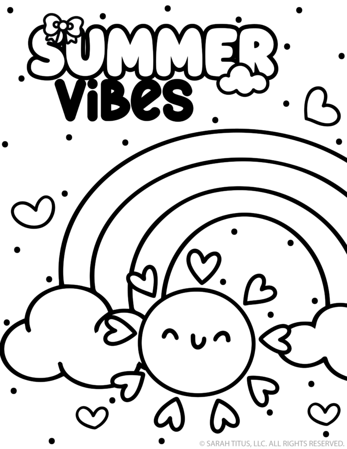 Summer vibes coloring page with a cheerful smiling sun under a rainbow with hearts and dots