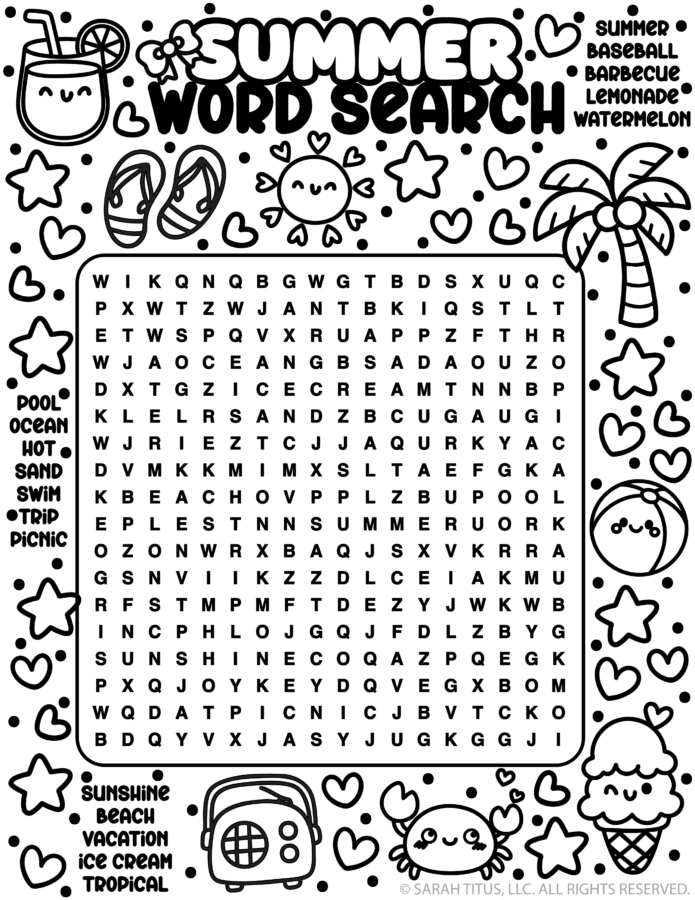 Summer word search printable for kids with cute kawaii summer doodles, including sunshine, beach, ice cream, pool, and vacation-themed words.