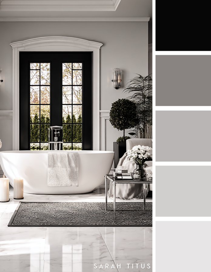 Elegant black and white bathroom with a freestanding tub, marble floors, black framed window, glass side table, candles, and white floral accents in a soft gray and silver palette.