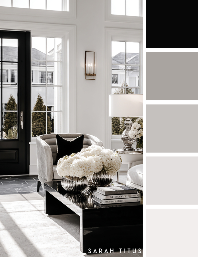 Bright luxury living room with tall windows, a glossy black coffee table, white hydrangeas, silver lamp, and cream accent chair in a black, white, and gray palette.