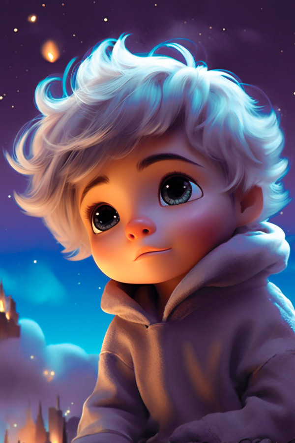 Dreamy illustration of a child with white hair and big eyes under a glowing night sky with stars and clouds.