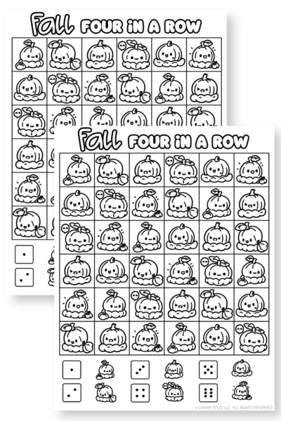 Printable fall four in a row game featuring kawaii pumpkins and grid board, easy fall activity for kids and preschool.