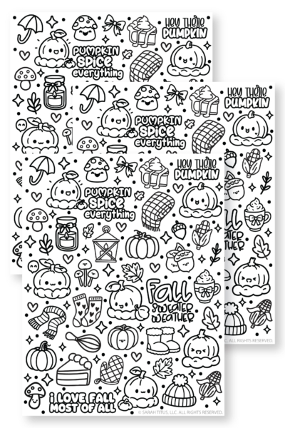 Kawaii fall sticker coloring page featuring pumpkins, sweater weather text, acorns, scarves, and cozy autumn doodles, printable sticker sheet for kids.