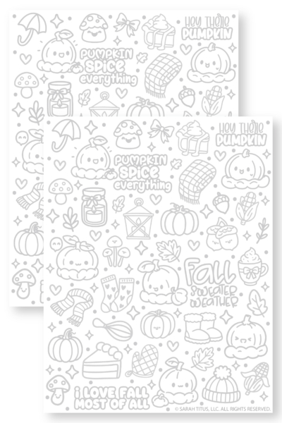 Fall hand lettering doodles practice sheet featuring fall phrases, pumpkins, acorns, and cozy seasonal drawings, printable coloring page.