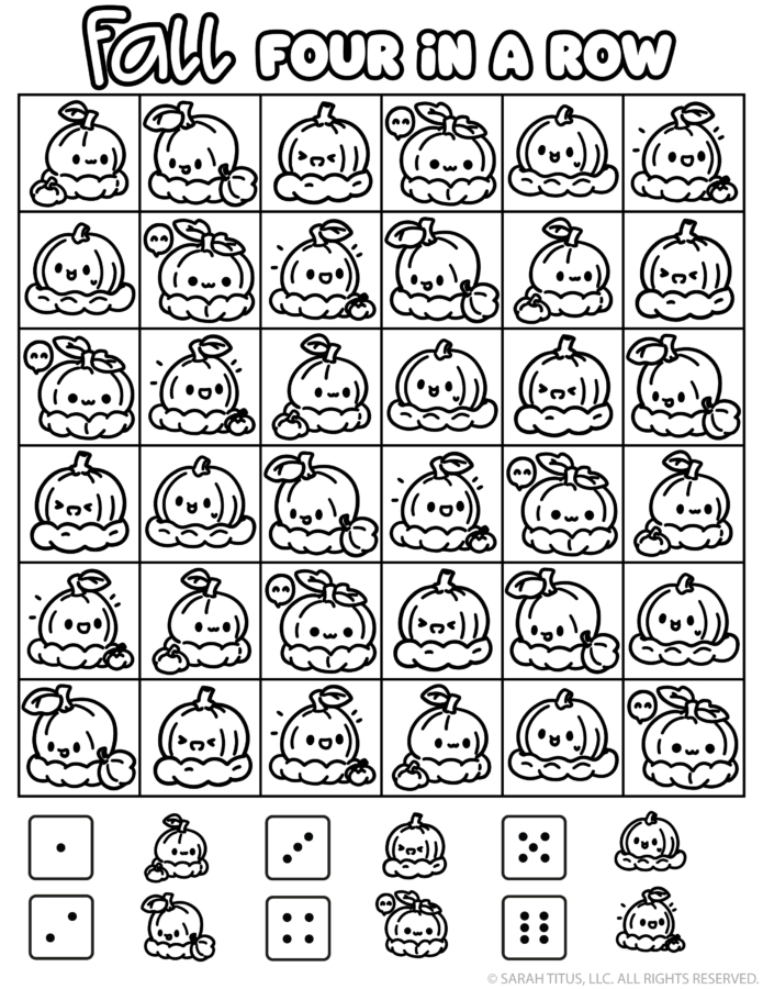 Fall four in a row game printable with cute pumpkin characters, fun kids activity worksheet for classroom or home.