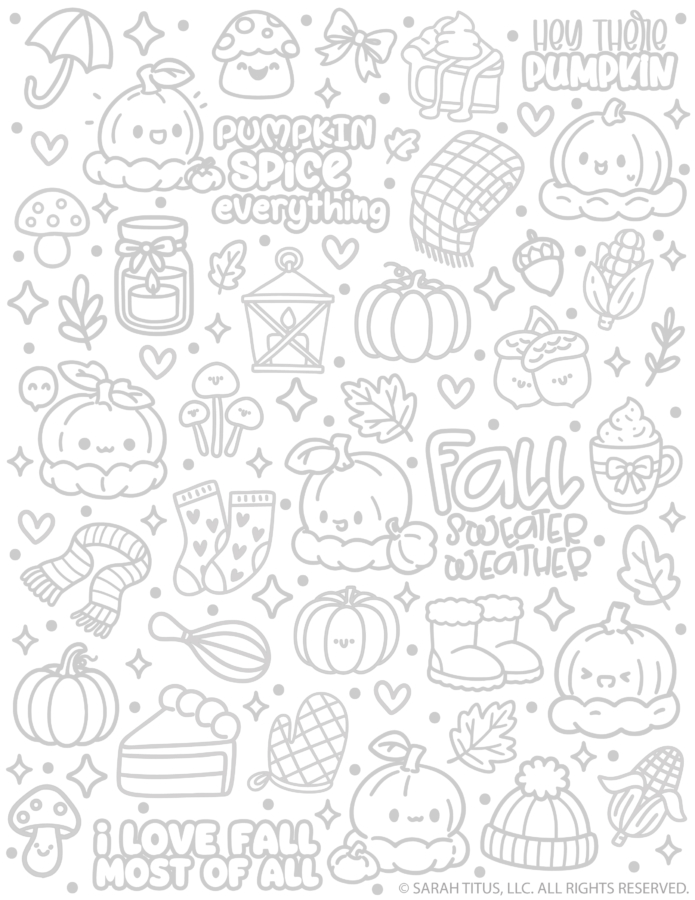 Fall hand lettering doodles printable with fall phrases, pumpkins, leaves, and cozy icons, cute practice coloring page for kids and beginners.