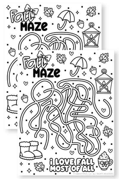 Fall maze coloring page featuring fall icons like pumpkins, acorns, boots, and sweater weather doodles, printable kids activity.