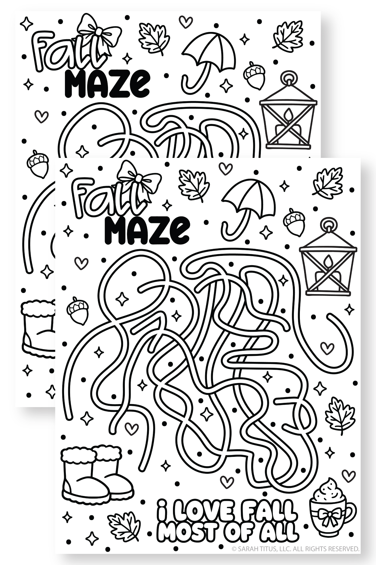 Fall maze coloring page featuring fall icons like pumpkins, acorns, boots, and sweater weather doodles, printable kids activity.